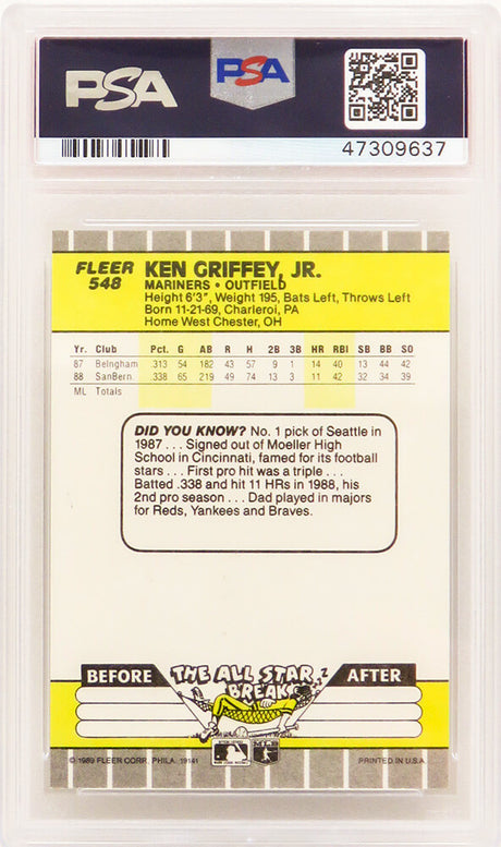 Ken Griffey Jr (Seattle Mariners) 1989 Fleer Baseball #548 RC Rookie Card - PSA 10 GEM MINT