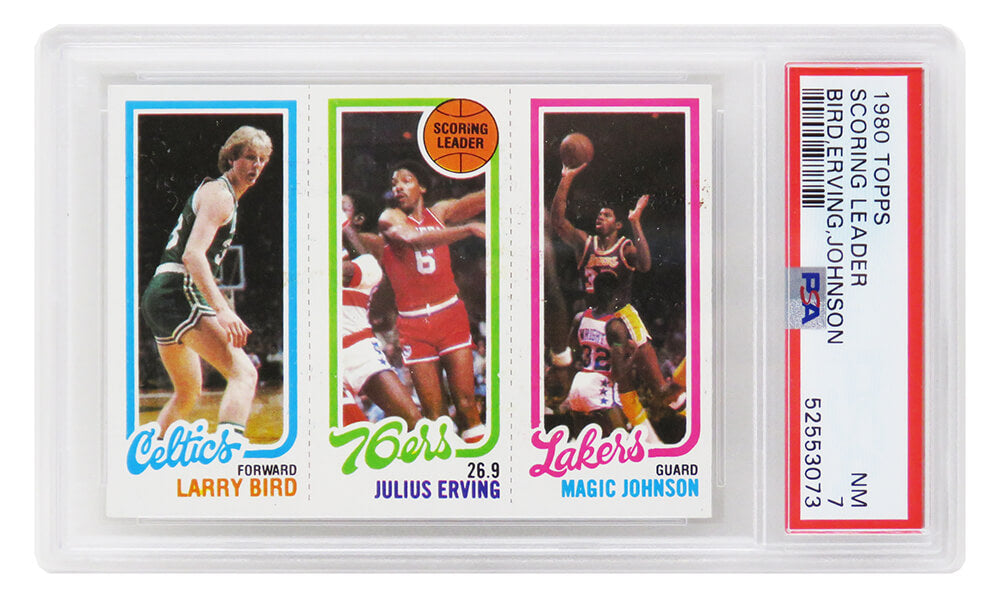 Larry Bird, Magic Johnson & Julius Erving 1980 Topps Scoring Leader RC Card (PSA 7 NM)