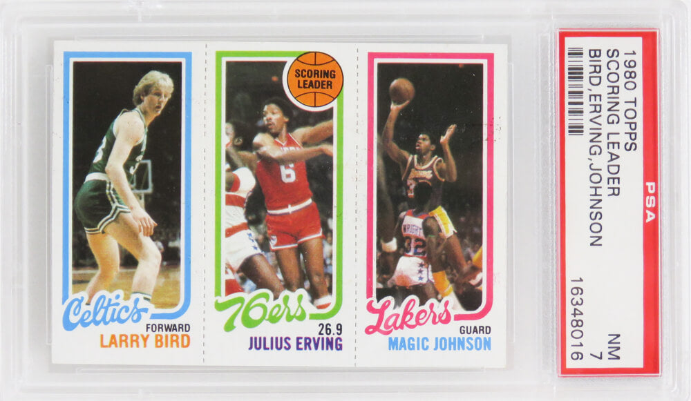 Larry Bird, Magic Johnson & Julius Erving 1980 Topps Scoring Leader RC Card (PSA 7 NM)(B)