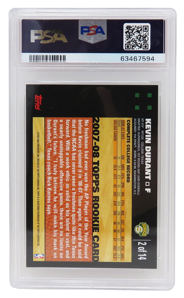Kevin Durant (Seattle Supersonics) 2007 Topps Basketball #2 RC Rookie Card - PSA 10 GEM MINT (New Label)