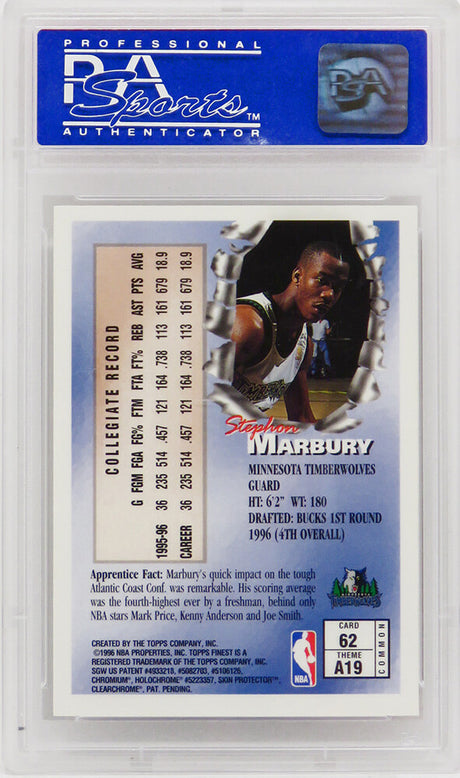 Stephon Marbury (Minnesota Timberwolves) 1996 Topps Finest Basketball #62 RC Rookie Card w/Coating - PSA 10 GEM MINT