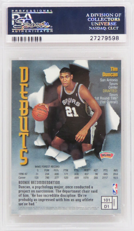 Tim Duncan (San Antonio Spurs) 1997 Topps Finest Basketball #101 RC Rookie Card - PSA 10 GEM MINT (Silver Label)