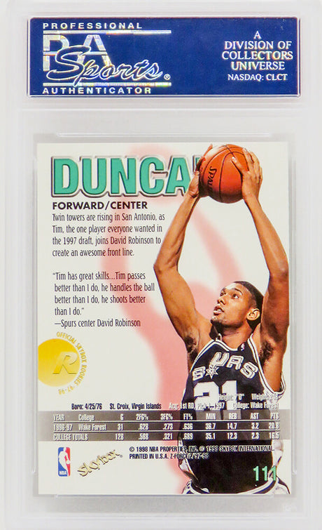 Tim Duncan (San Antonio Spurs) 1997 Skybox Z-Force Basketball #111 RC Rookie Card - PSA 10 GEM MINT