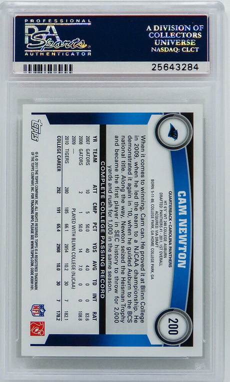 Cam Newton (Carolina Panthers) 2011 Topps Football #200 RC Rookie Card - PSA 10 GEM MINT (Silver Label)