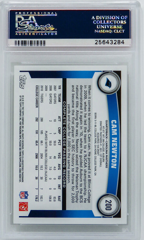 Cam Newton (Carolina Panthers) 2011 Topps Football #200 RC Rookie Card - PSA 10 GEM MINT (Silver Label)