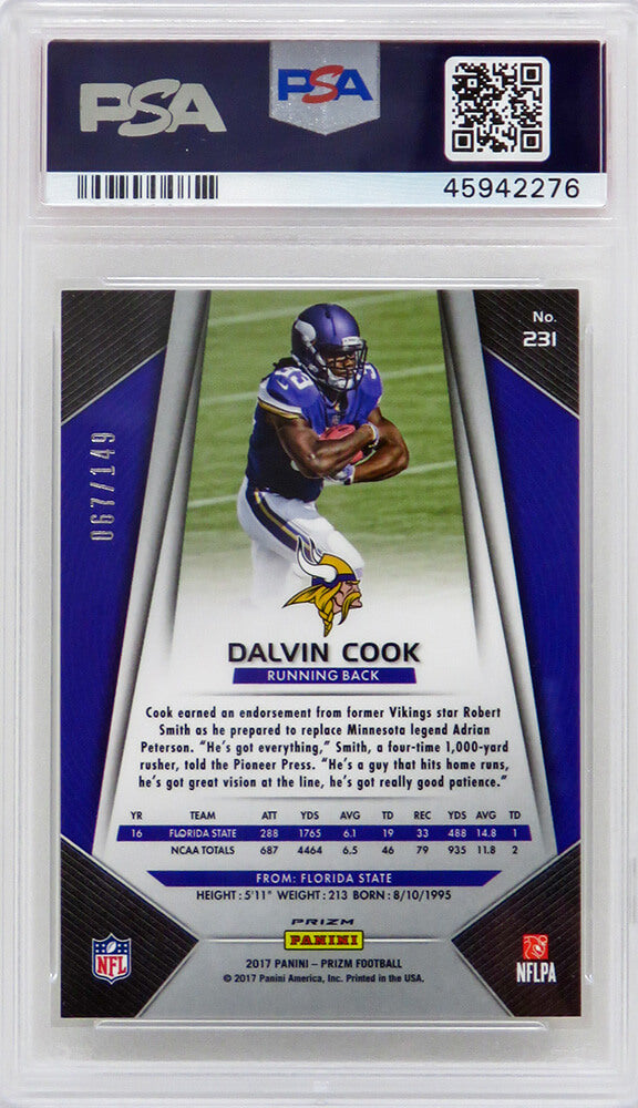 Dalvin Cook (Minnesota Vikings) 2017 Panini Prizm Football #231 Blue Wave Prizm RC Card (#67/149) - PSA 10 GEM MINT