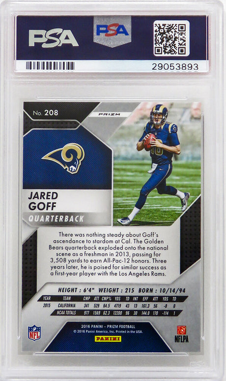 Jared Goff (Los Angeles Rams) 2016 Panini Prizm Football #208 Prizm RC Rookie Card - PSA 10 GEM MINT