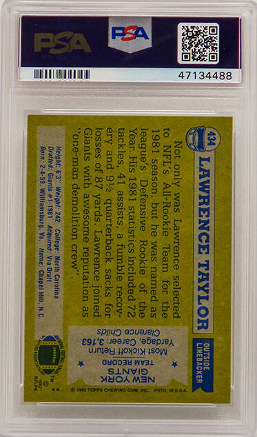 Lawrence Taylor (New York Giants) 1982 Topps Football #434 RC Rookie Card - PSA 9 MINT (C)