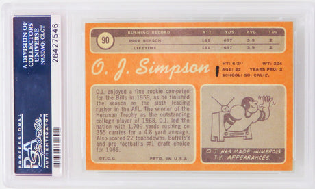 O.J. Simpson (Buffalo Bills) 1970 Topps Football #90 RC Rookie Card - PSA 7 NM (Silver Label) (G)
