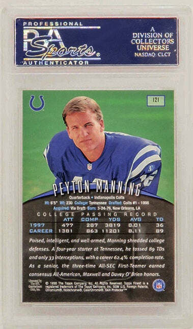 Peyton Manning (Indianapolis Colts) 1998 Topps Finest Football #121 RC Rookie Card - PSA 10 GEM MINT