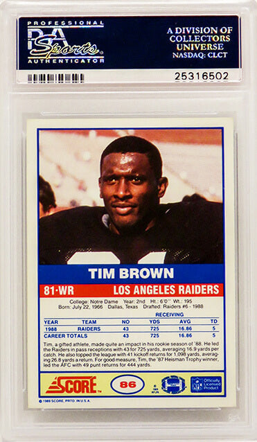 Tim Brown (Raiders) 1989 Score Football #86 RC Rookie Card - PSA 10 GEM MINT (Silver Label)