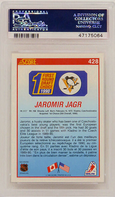 Jaromir Jagr (Pittsburgh Penguins) 1990 Score Canadian Hockey #428 RC Rookie Card - PSA 10 GEM MINT (Silver Label)