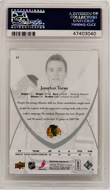 Jonathan Toews (Chicago Blackhawks) 2007 Upper Deck Rookie Class Hockey #43 RC Rookie Card - PSA 10 GEM MINT (Silver Label)
