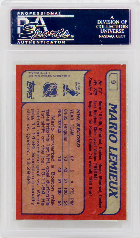Mario Lemieux (Pittsburgh Penguins) 1985 Topps Hockey RC Rookie Card #9 - PSA 9 MINT (B)