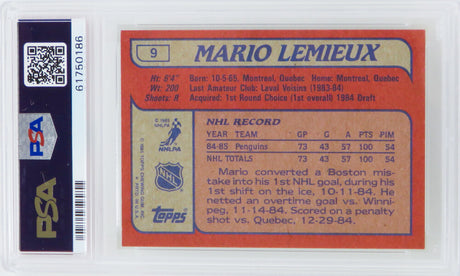 Mario Lemieux (Pittsburgh Penguins) 1985 Topps Hockey RC Rookie Card #9 - (PSA 8 NM-MT) (G)