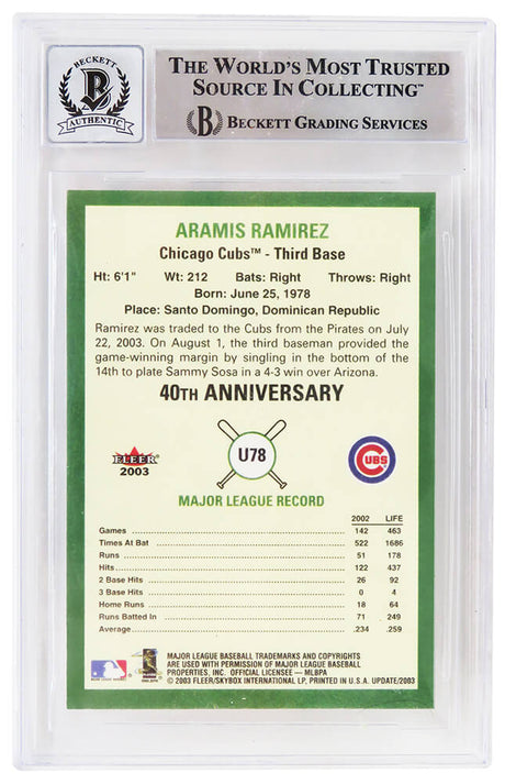 Aramis Ramirez Signed Chicago Cubs 2003 Fleer Tradition Update Baseball Card #78 - (Beckett - Auto Grade 10)