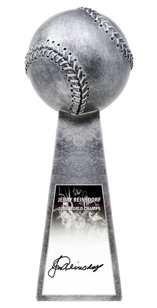 Jerry Reinsdorf Signed Baseball World Champion 14 Inch Replica Silver Trophy