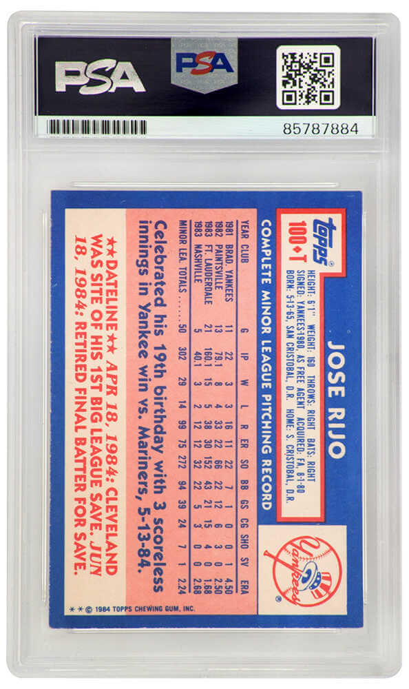 Jose Rijo Signed New York Yankees 1984 Topps Traded Rookie Baseball Trading Card #100T - (PSA Encapsulated)