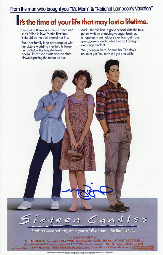 Molly Ringwald Signed Sixteen Candles 11x17 Movie Poster (In Blue)