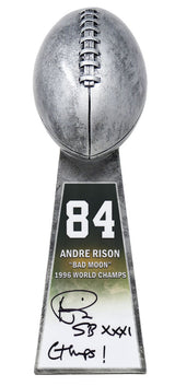 Andre Rison Signed Football World Champion 15 Inch Replica Silver Trophy With #84 Sticker w/SB XXXI Champs