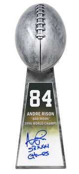 Andre Rison Signed Football World Champion 15 Inch Replica Silver Trophy With #84 Sticker w/SB XXXI Champs (In Blue)