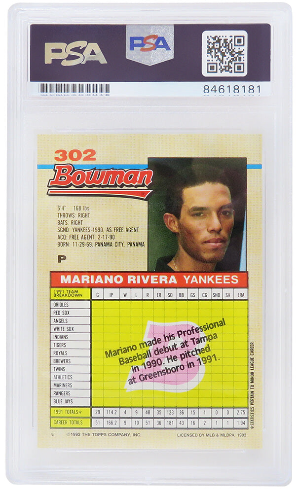 Mariano Rivera Signed New York Yankees 1992 Bowman Rookie Baseball Card #302 (PSA Encapsulated - Auto Grade 10)