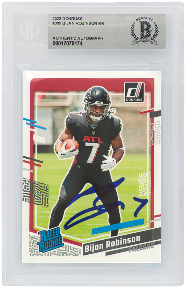 Bijan Robinson Signed Atlanta Falcons 2023 Donruss Rated Rookie Football Card #305  (Beckett Encapsulated)