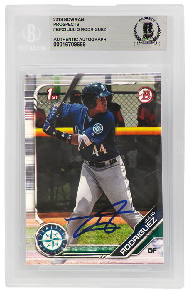 Julio Rodriguez Signed Seattle Mariners 2019 1st Bowman Prospects Rookie Baseball Card #BP33  (Beckett Encapsulated)
