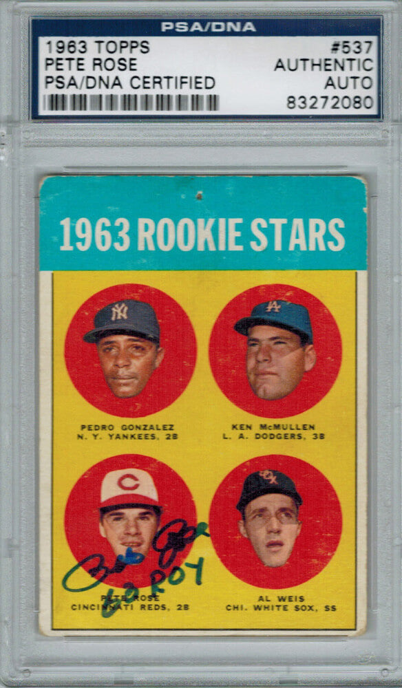 Pete Rose Signed Reds 1963 Topps Rookie Card #537 w/63 ROY PSA/DNA