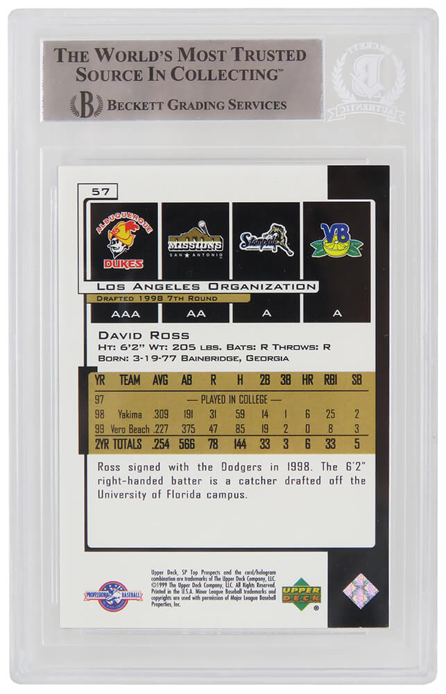 David Ross Signed Dodgers 2000 SP Top Prospect Rookie Baseball Card #57 - (Beckett Encapsulated)