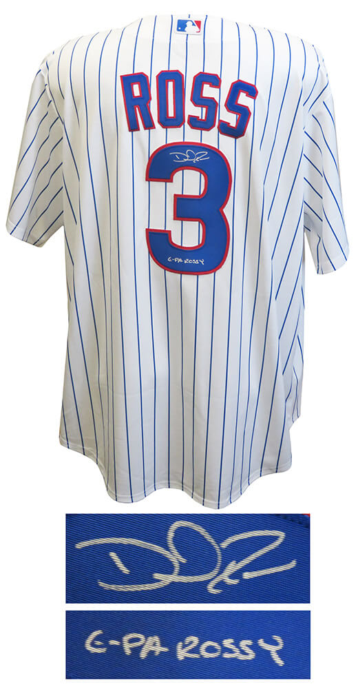 David Ross Signed Chicago Cubs White Pinstripe Majestic Replica Baseball Jersey w/G-Pa Rossy