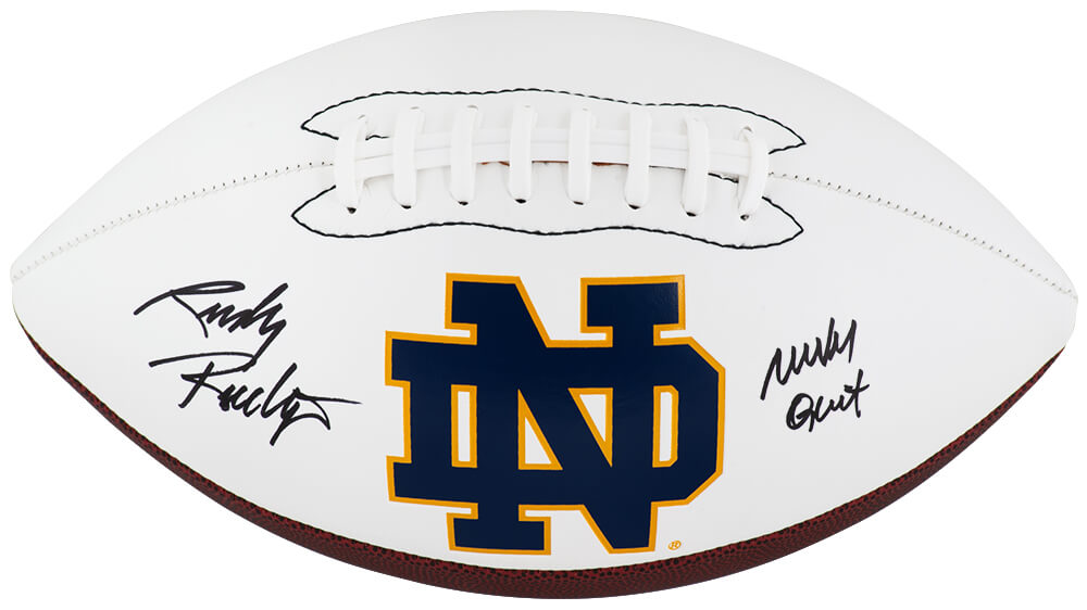Rudy Ruettiger Signed Notre Dame Fighting Irish Logo Brands White Logo Football w/Never Quit