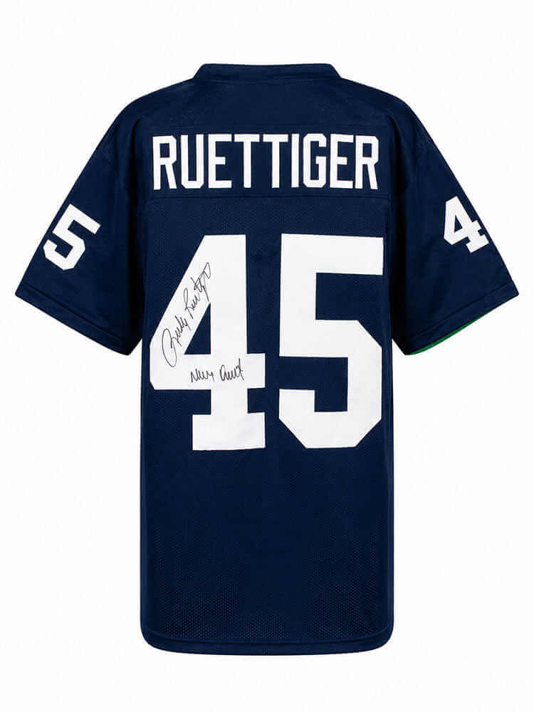 Rudy Ruettiger Signed Navy Throwback Custom College Football Jersey w/Never Quit