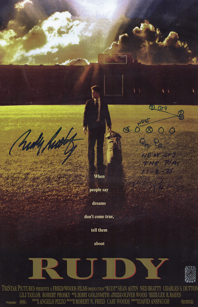 Rudy Ruettiger Signed 'Rudy' 11x17 Movie Poster w/The Rudy Play Diagram