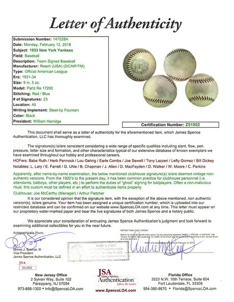 Babe Ruth & Lou Gehrig, 1933 WS Champs NY Yankees Team Signed Official AL Baseball w/23 Members (JSA)
