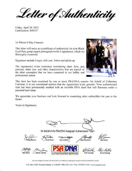 Black Eyed Peas Autographed 8x10 Photo Fergie, will.i.am, Taboo & apl.de.ap PSA/DNA #S00337