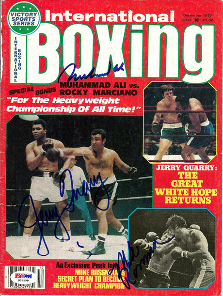 Muhammad Ali, Jerry Quarry & Mike Rossman Autographed International Boxing Magazine Cover PSA/DNA #S01599