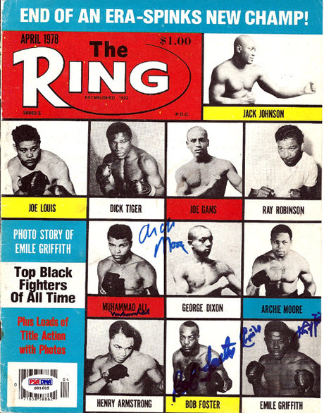 Muhammad Ali, Bob Foster, Emile Griffith & Archie Moore Autographed The Ring Magazine Cover PSA/DNA #S01605