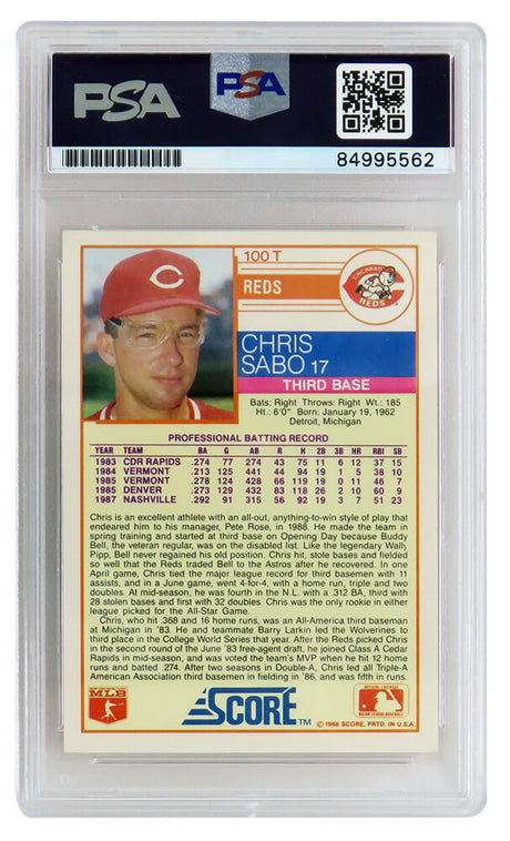 Chris Sabo Signed Cincinnati Reds 1988 Score Rookie Baseball Trading Card #100T - (PSA Encapsulated)