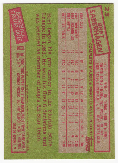 Bret Saberhagen Signed Kansas City Royals 1985 Topps Rookie Baseball Trading Card #23