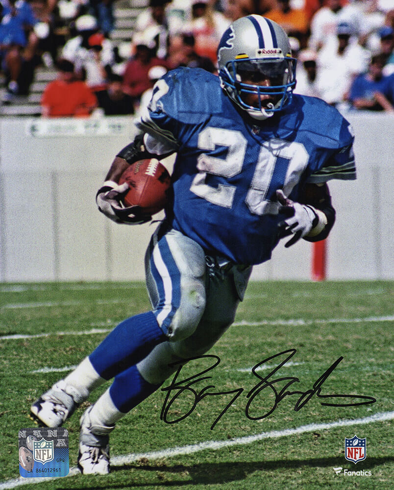 Barry Sanders Signed Detroit Lions Blue Jersey Running With Football Action 8x10 Photo