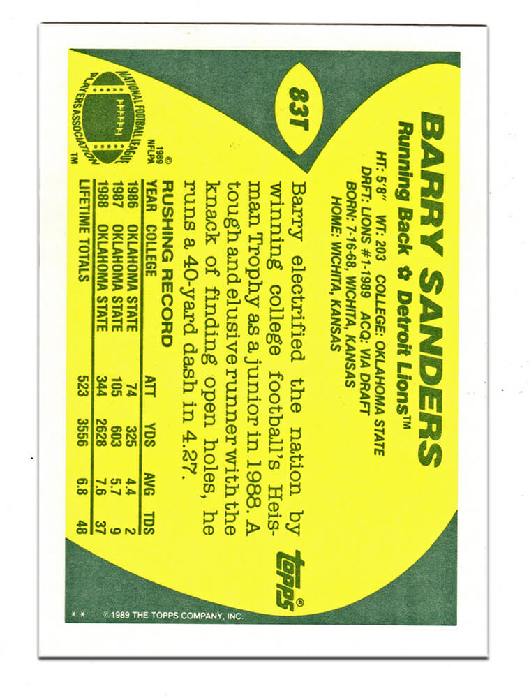 Barry Sanders Signed Detroit Lions 1989 Topps Football Rookie Trading Card #83T