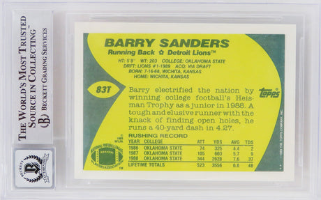 Barry Sanders Signed Detroit Lions 1989 Topps Rookie Card #83T - (Beckett / Auto Grade 10)