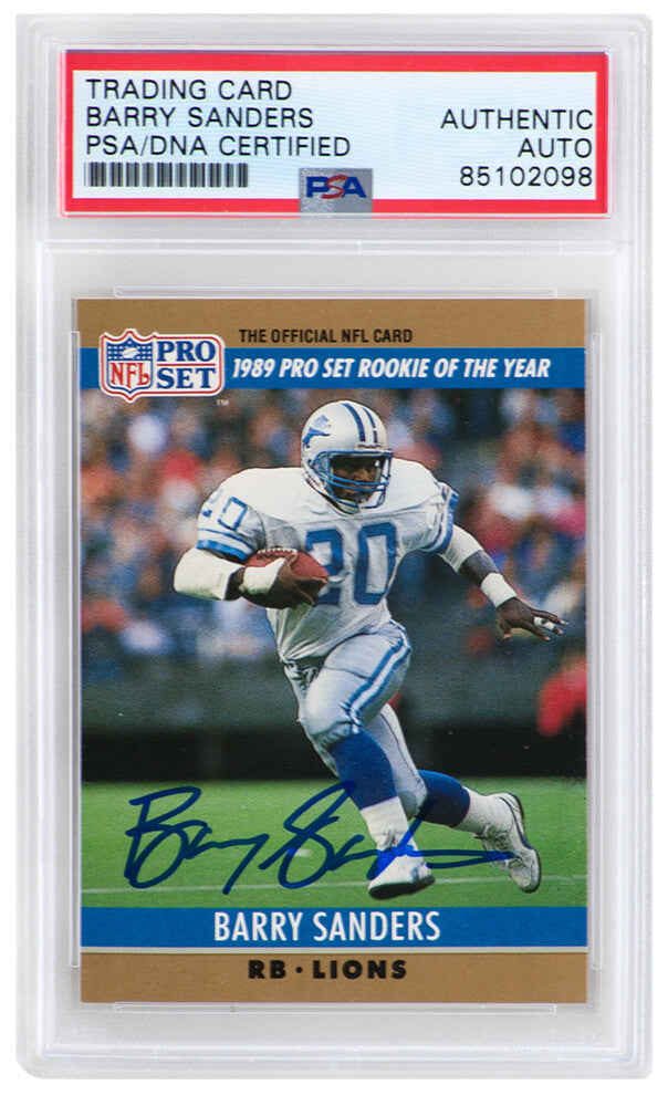 Barry Sanders Signed Detroit Lions 1990 Pro Set Rookie of the Year Football Trading Card #1 - (PSA Encapsulated)