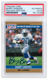 Barry Sanders Signed Detroit Lions 1990 Pro Set Rookie of the Year Football Trading Card #1 - (PSA Encapsulated)
