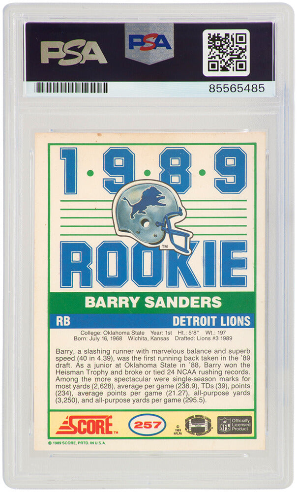 Barry Sanders Signed Detroit Lions 1989 Score Rookie Football Card #257 w/ROY'89 - (PSA / Auto Grade 10)