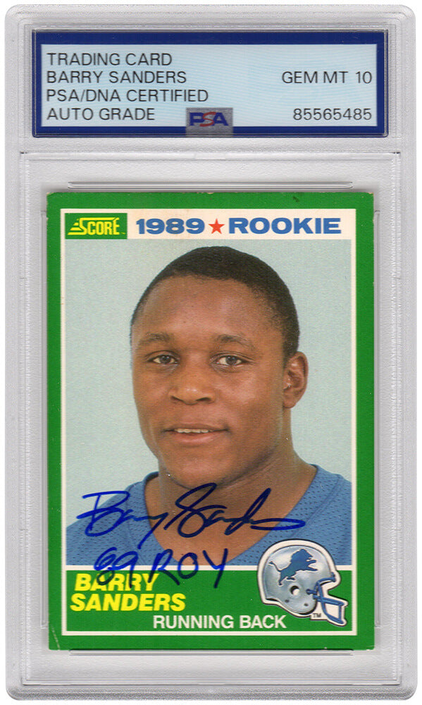 Barry Sanders Signed Detroit Lions 1989 Score Rookie Football Card #257 w/ROY'89 - (PSA / Auto Grade 10)