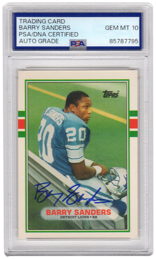 Barry Sanders Signed Lions 1989 Topps Rookie Football Card #83T - (PSA / Auto Grade 10)