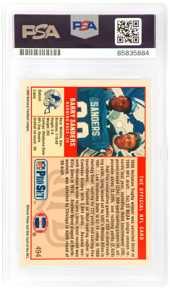 Barry Sanders Signed 1989 Pro Set (Ok State Image) Football Rookie Card #494 - (PSA Encapsulated)