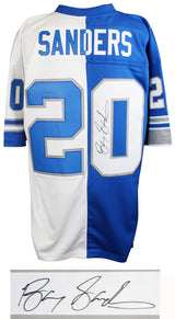 Barry Sanders Signed Detroit Lions Blue & White M&N Split Jersey